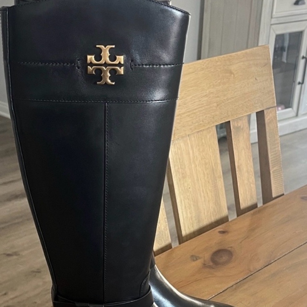 Tory Burch Black Leather Boots with Gold Emblem